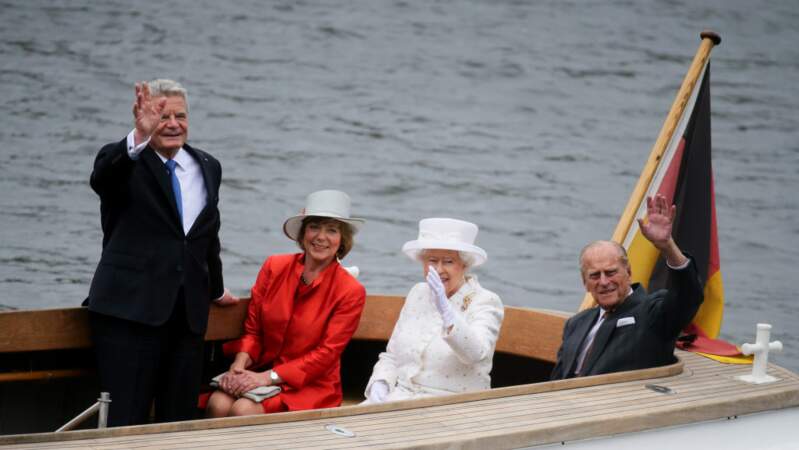 2015: Her Majesty the Queen and the Duke of Edinburgh enjoy a mini boat cruise on the Spree River in Berlin 