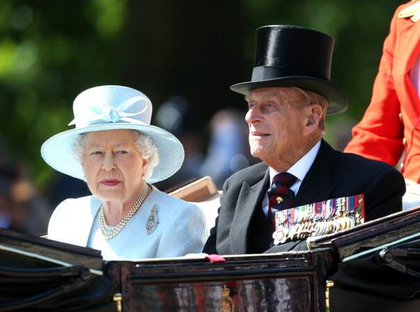 2017: The Queen of England and Prince Philip attend the "Trooping The Colour" parade in London